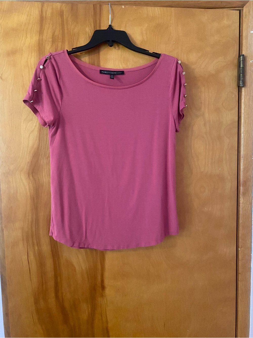 White House Black Market Pink Short Sleeve Scoop Neck Top with Shoulder Studs